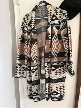 Women's Aztec Open-Front Cardigan Sweater - Black, Cream & Brown